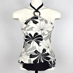 Skye 2 Piece Women Bikini Halter Tankini Swimsuit Black Cream Floral Print  Sz L